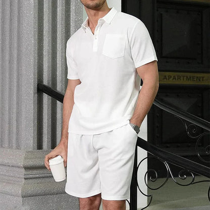 Men's Textured Polo Shirt With Matching Drawstring Shorts Set