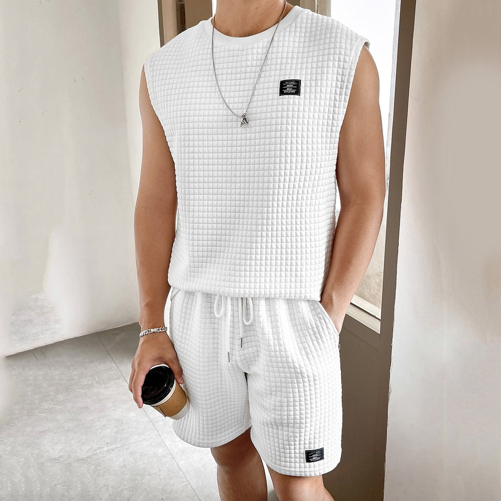 Men's Waffle Knit Sleeveless Top And Shorts Two Piece Set With Drawstring