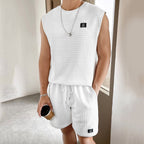 Men's Waffle Knit Sleeveless Top And Shorts Two Piece Set With Drawstring