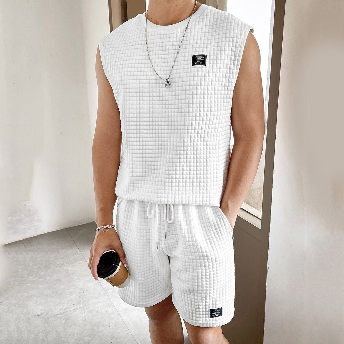 Men's Waffle Knit Sleeveless Top And Shorts Two Piece Set With Drawstring