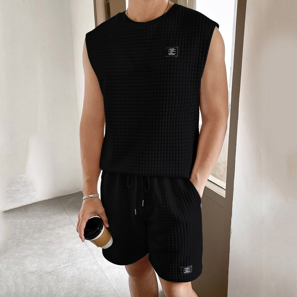 Men's Waffle Knit Sleeveless Top And Shorts Two Piece Set With Drawstring