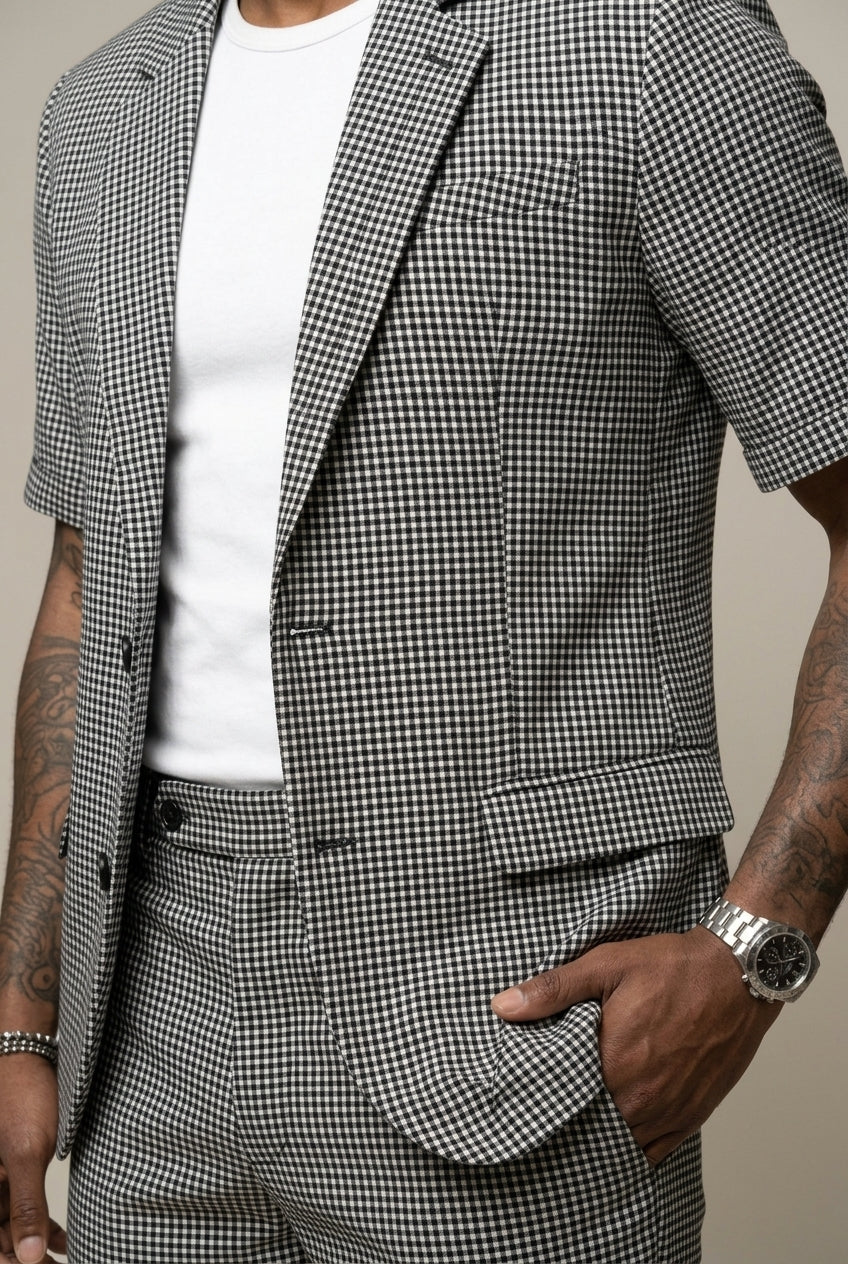Men's Check Two-Piece Suit Short Sleeve Blazer And Matching Shorts