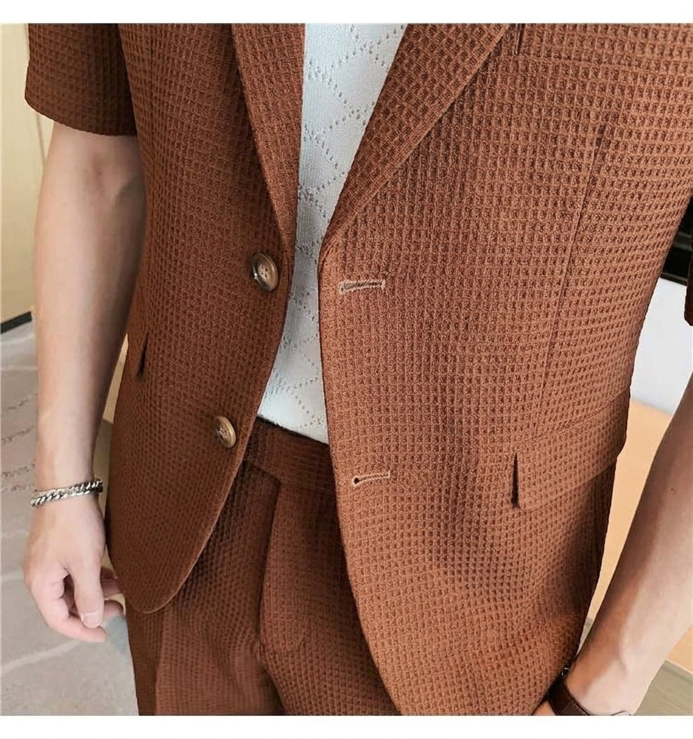 Men's Textured Short Sleeve Single Button Blazer And Shorts Set