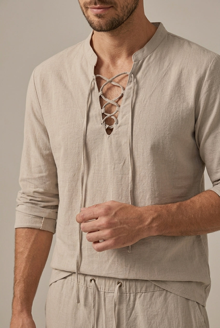 Men's Linen Blend Two Piece Set With Lace Up V Neck Casual Shirt