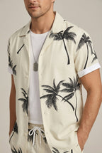 Men Palm Print Short Sleeve Shirt With Drawstring Shorts Summer Set