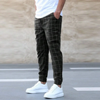 Men Windowpane Check Slim Fit Chino Trousers With Elastic Waist