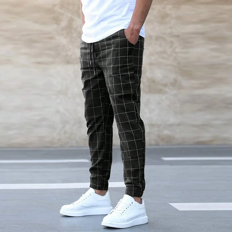 Men Windowpane Check Slim Fit Chino Trousers With Elastic Waist