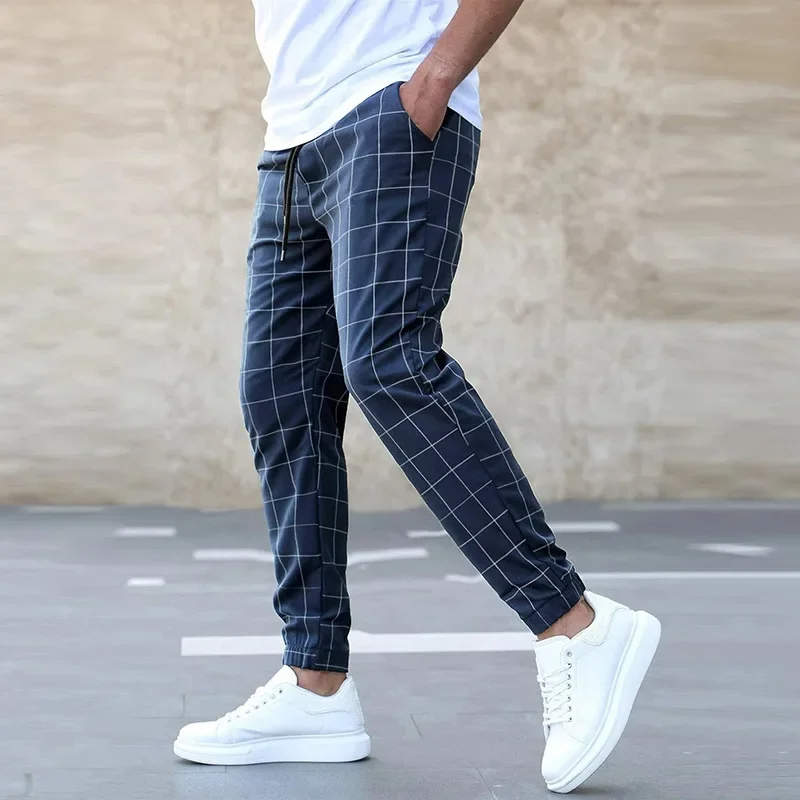 Men Windowpane Check Slim Fit Chino Trousers With Elastic Waist