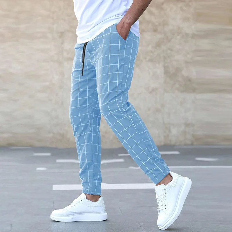 Men Windowpane Check Slim Fit Chino Trousers With Elastic Waist