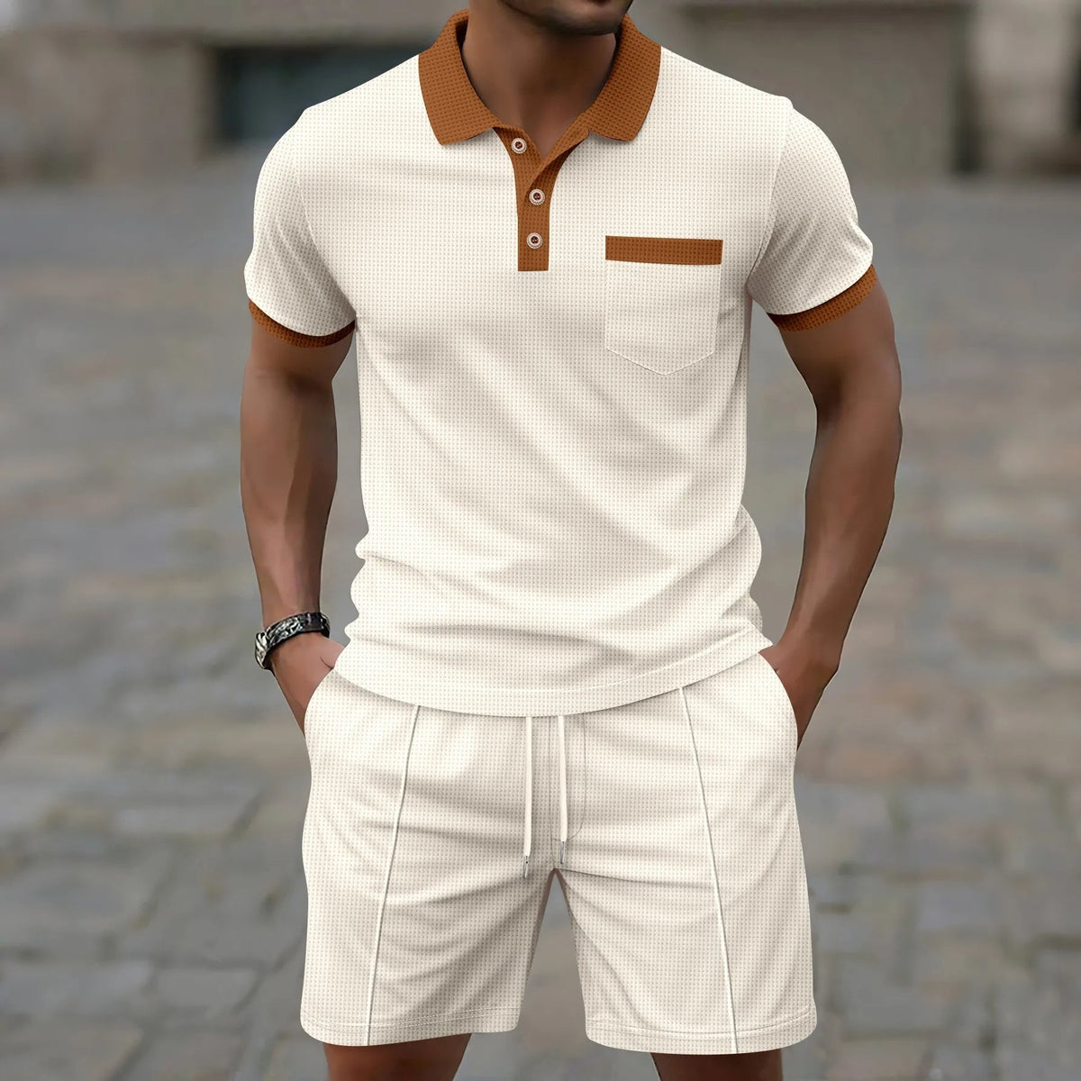 Mens Two Piece Polo Shirt And Drawstring Shorts Set With Contrast Collar