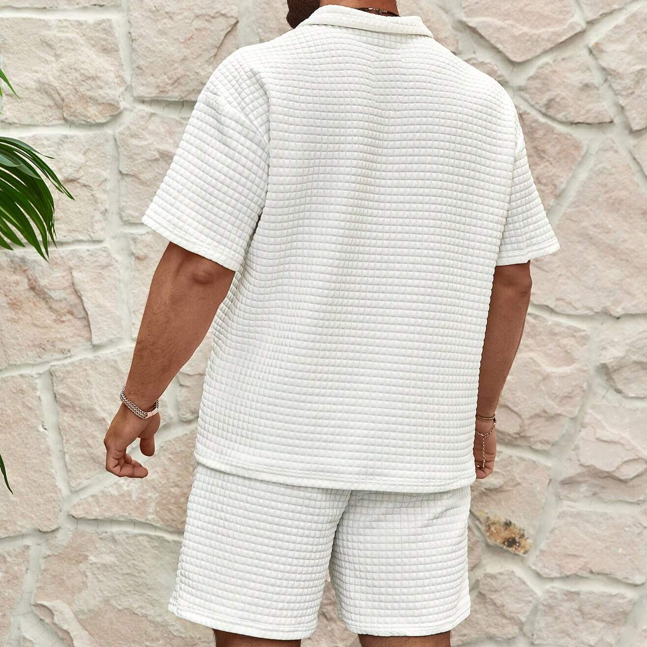 Men's Waffle Two Piece Set With Quarter Zip Polo And Elastic Shorts