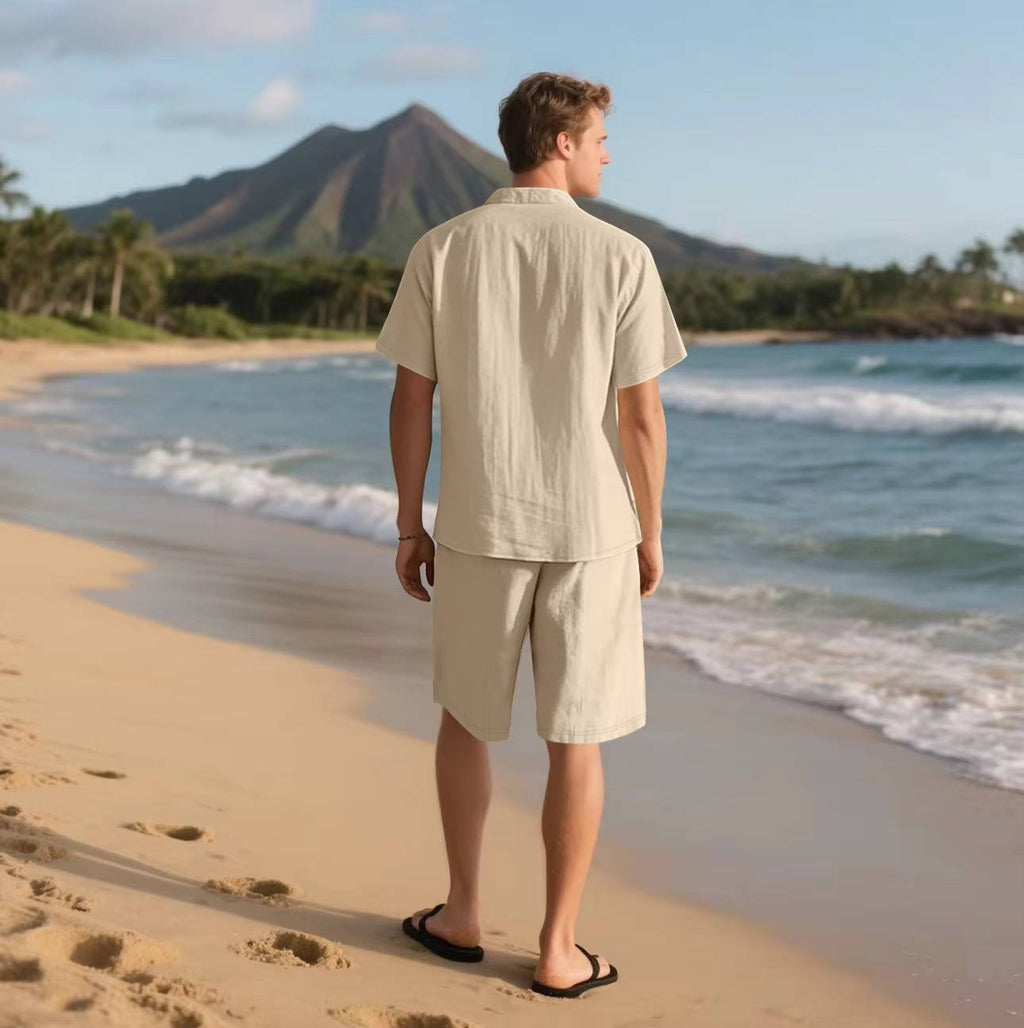 Men's Relaxed Linen Two Piece Set With Button Down Shirt And Shorts