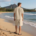 Men's Relaxed Linen Two Piece Set With Button Down Shirt And Shorts