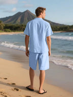 Men's Relaxed Linen Two Piece Set With Button Down Shirt And Shorts