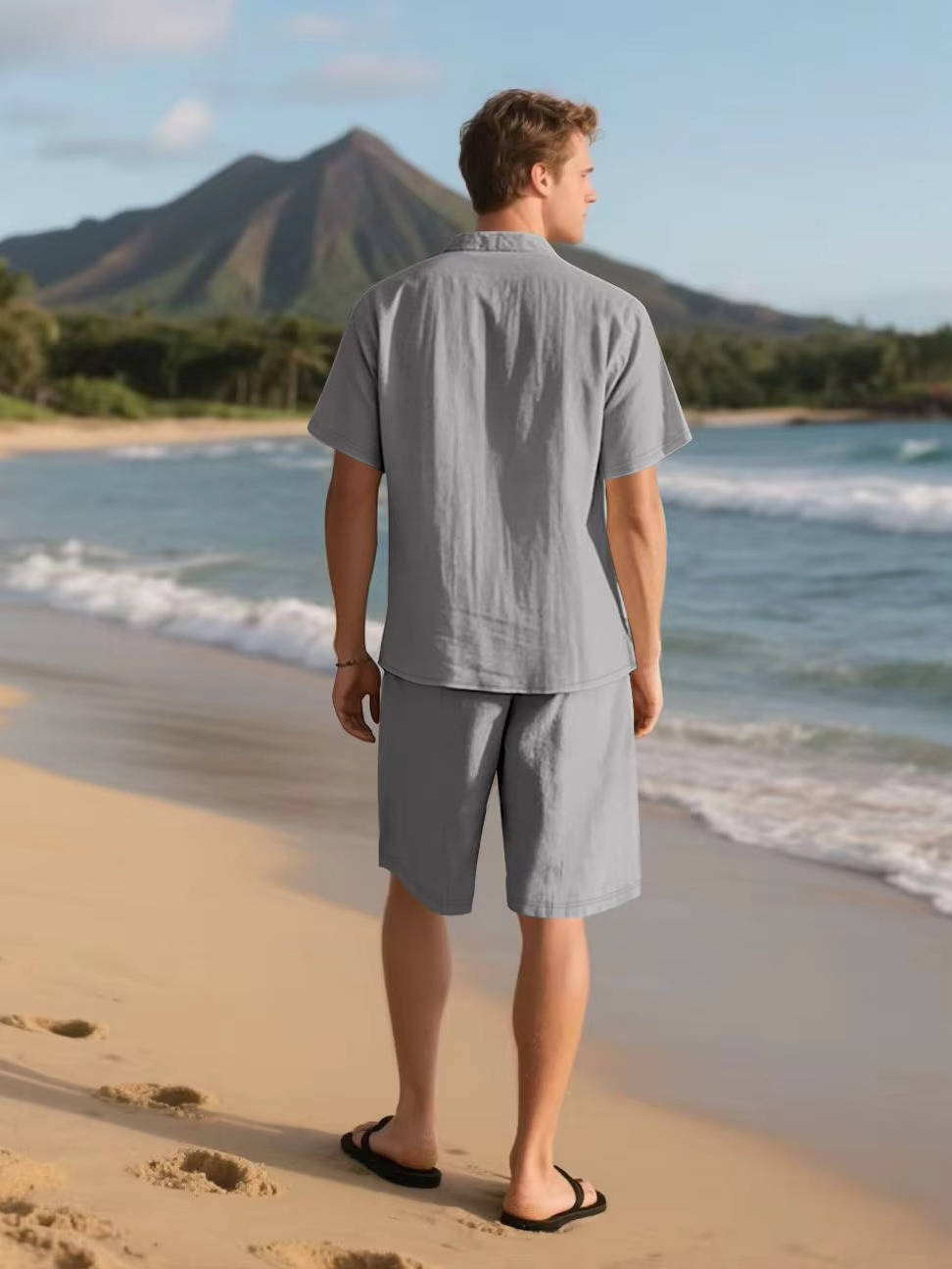 Men's Relaxed Linen Two Piece Set With Button Down Shirt And Shorts