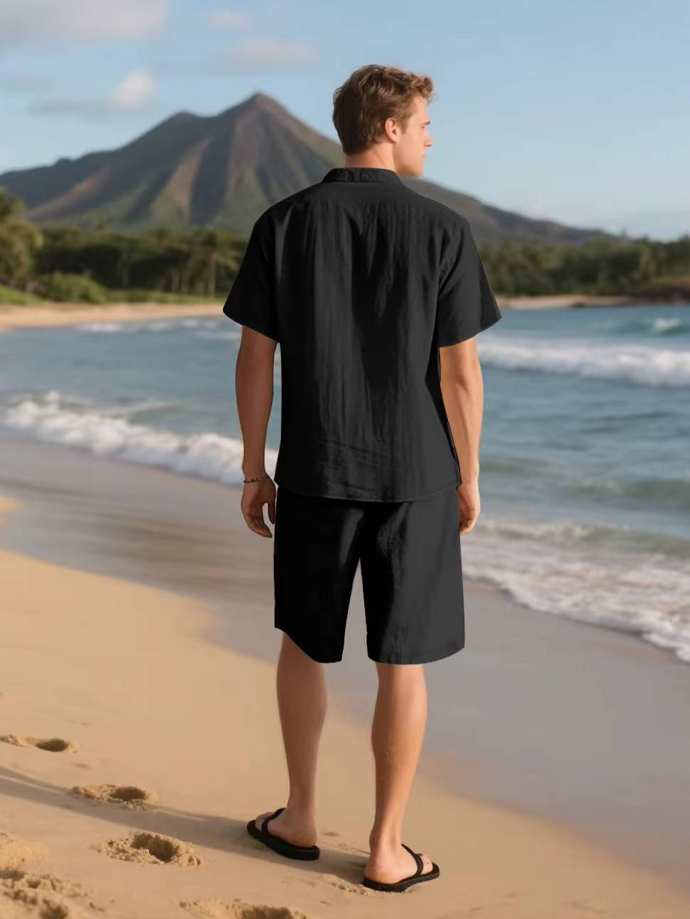 Men's Relaxed Linen Two Piece Set With Button Down Shirt And Shorts