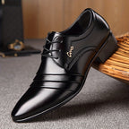 Mens Patent Leather Ribbed Derby Shoes With Pointed Toe Lace Up Black