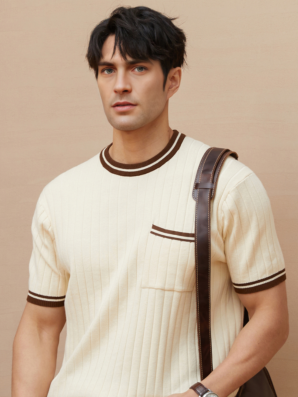 Mens Knit Crew Neck Top With Contrast Striped Trim And Chest Pocket