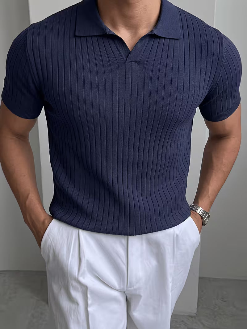 Premium Men's Short Sleeve Knitted Oxford Polo Shirt Navy Blue