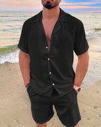 Men's Camp Collar Shirt And Matching Shorts Relaxed Two Piece Set