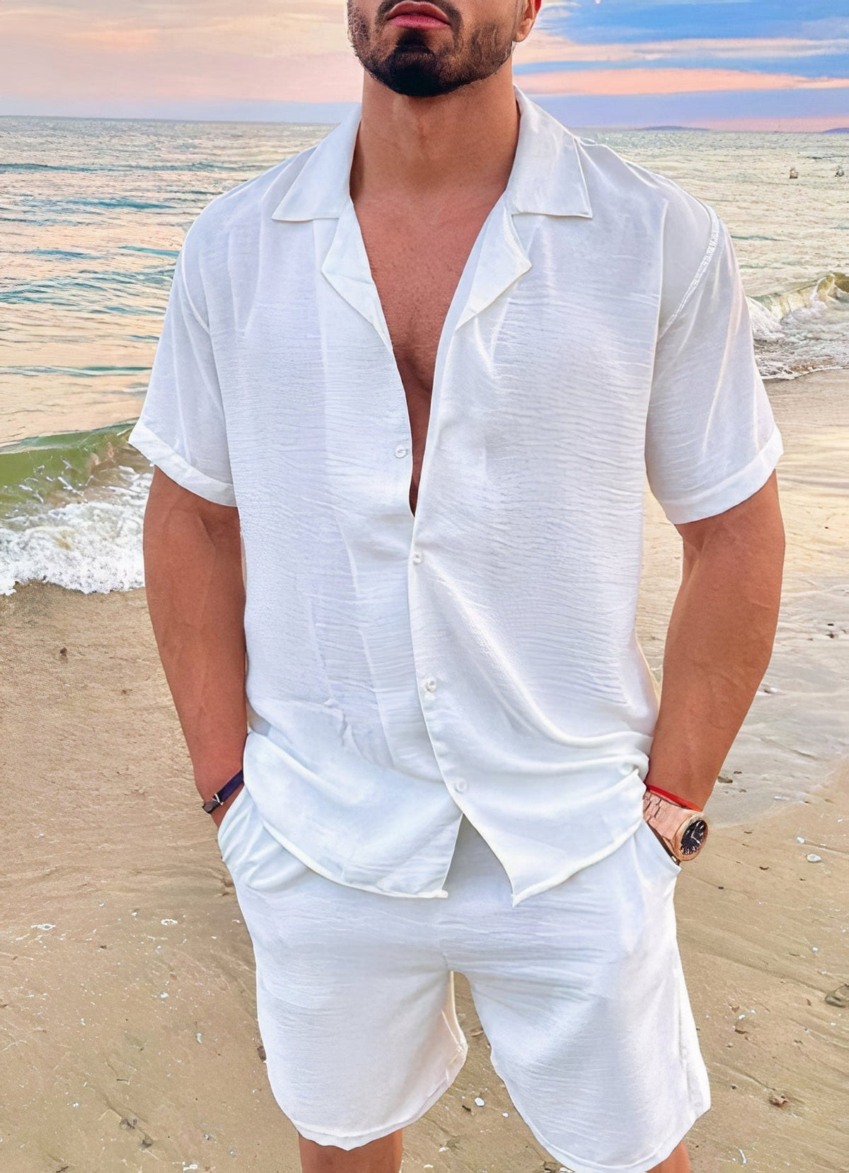 Men's Camp Collar Shirt And Matching Shorts Relaxed Two Piece Set