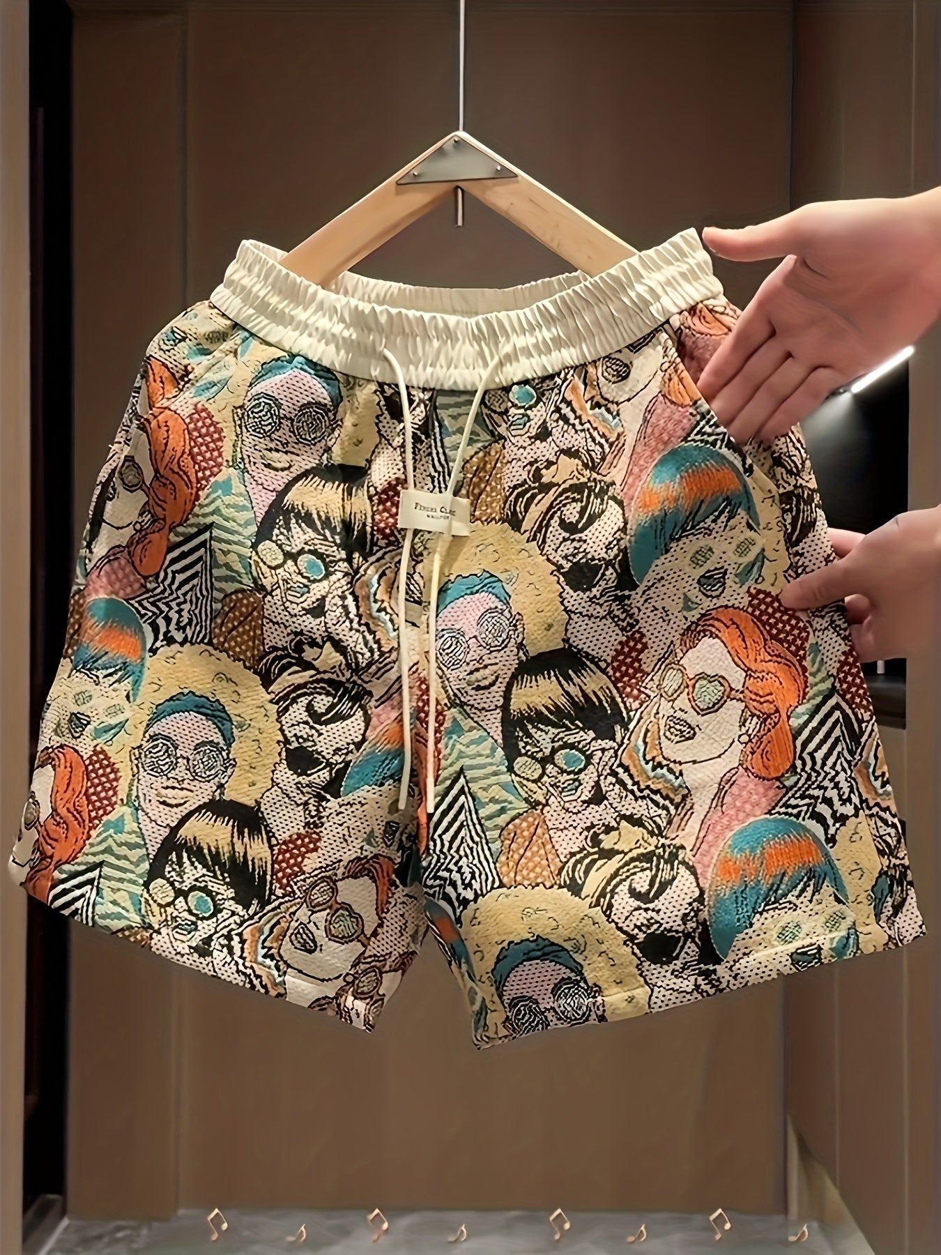 Men's All Over Comic Graphic Print Shorts With Elastic Waistband And Drawstring