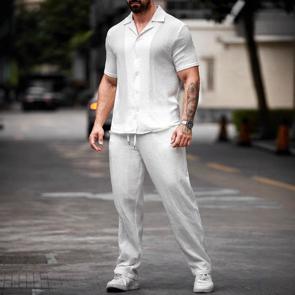 Men's Camp Collar Short Sleeve Shirt And Straight Leg Drawstring Trousers