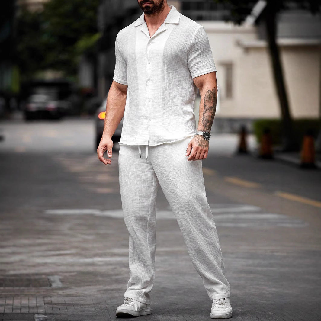 Men's Camp Collar Short Sleeve Shirt And Straight Leg Drawstring Trousers