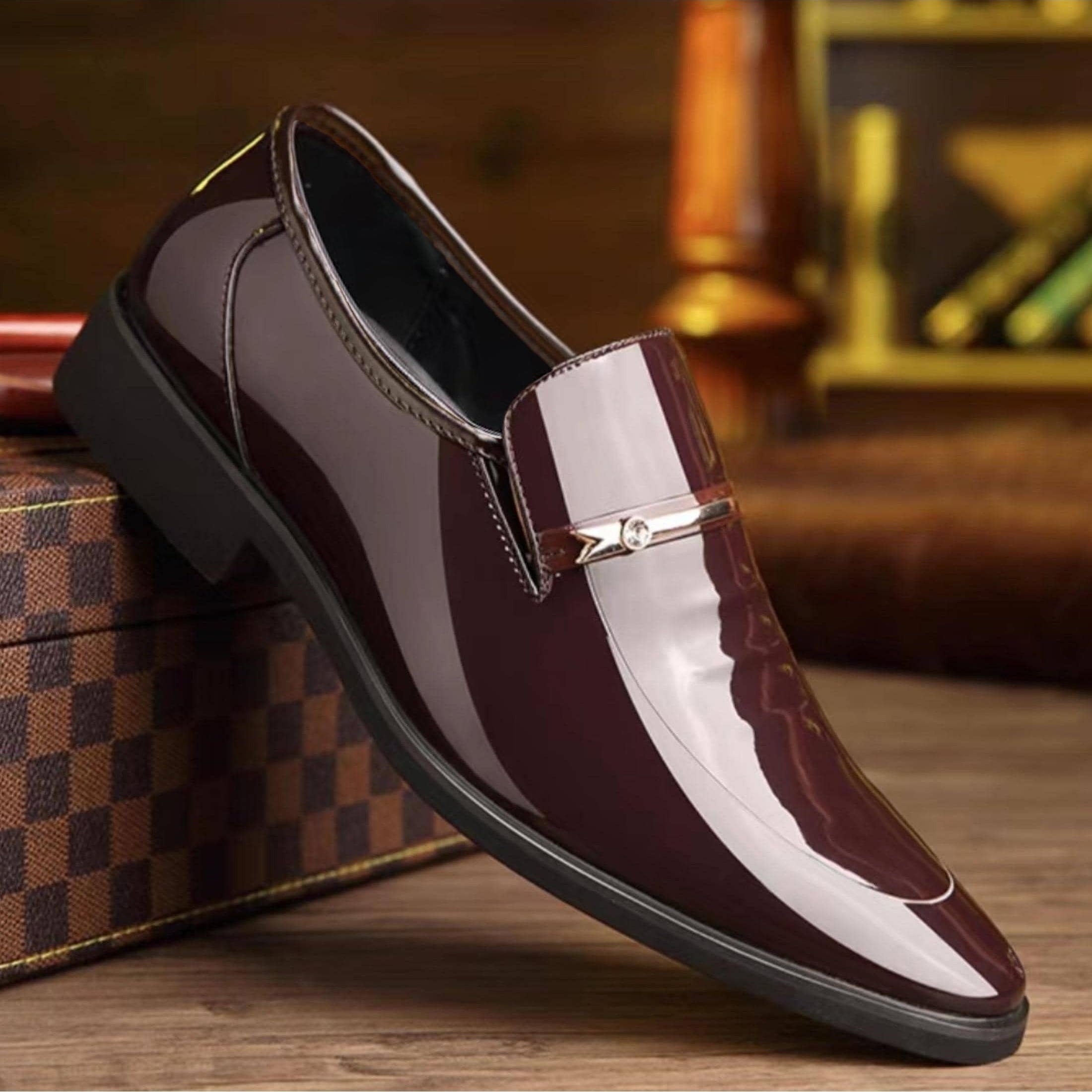 Men's Patent Leather Penny Loafers Pointed Toe Slip On Dress Shoes