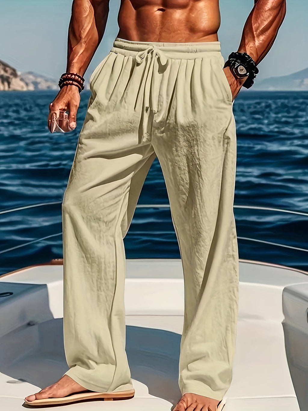 Mens Straight Leg Casual Trousers With Elasticated Waist And Adjustable Drawstring