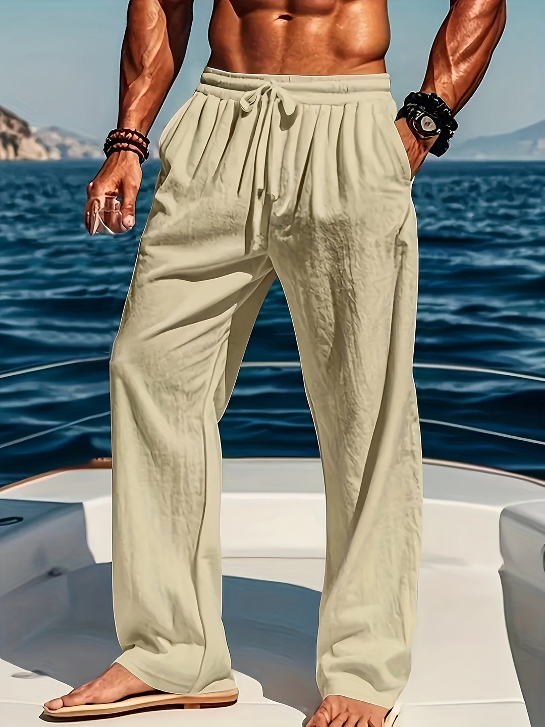 Mens Straight Leg Casual Trousers With Elasticated Waist And Adjustable Drawstring