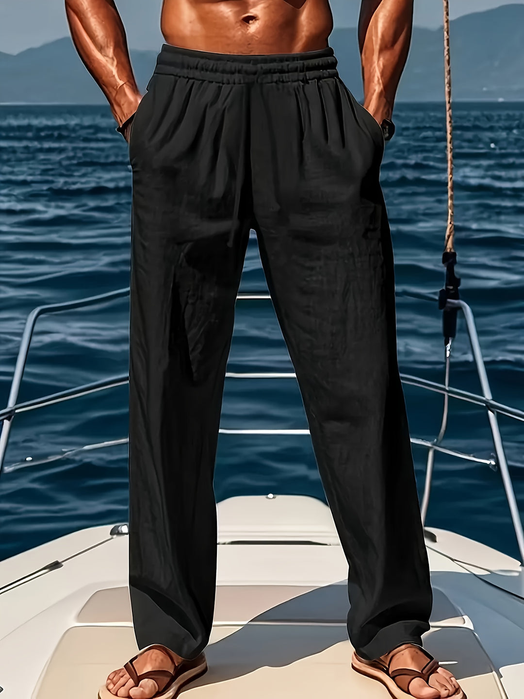 Mens Straight Leg Casual Trousers With Elasticated Waist And Adjustable Drawstring