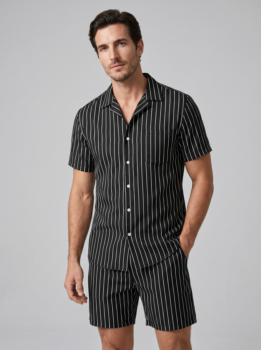 Men's Pinstripe Short Sleeve Button Front Shirt With Shorts Set