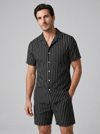 Men's Pinstripe Short Sleeve Button Front Shirt With Shorts Set