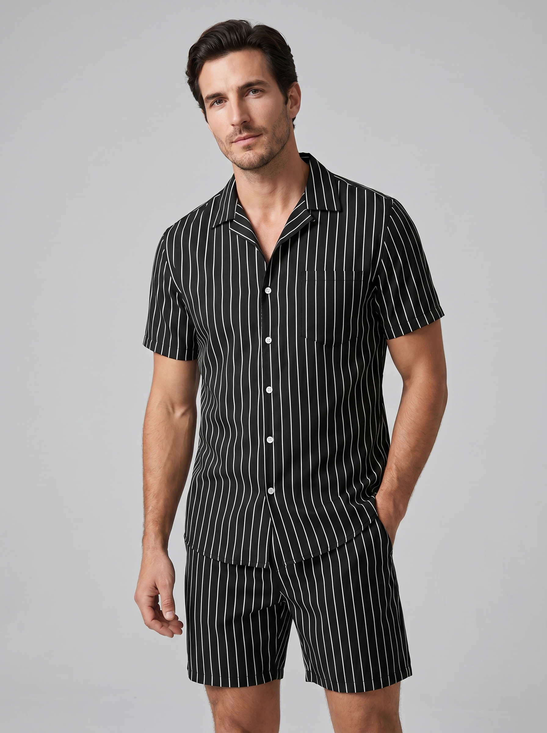Men's Pinstripe Short Sleeve Button Front Shirt With Shorts Set