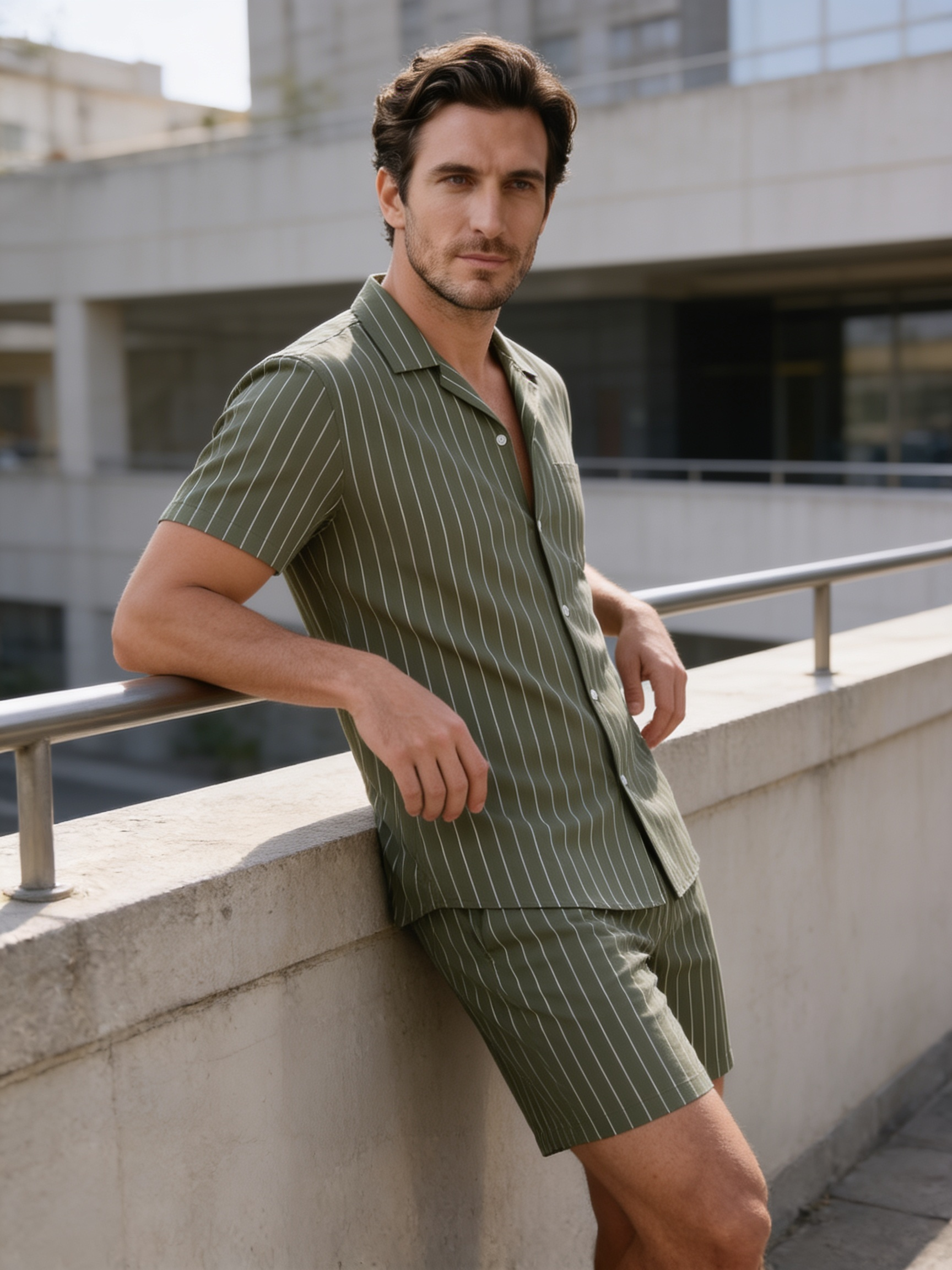 Men's Pinstripe Short Sleeve Button Front Shirt With Shorts Set