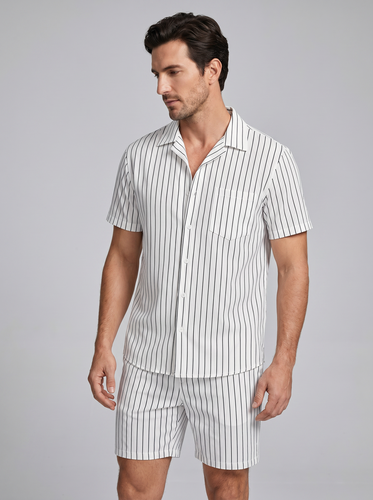 Men's Pinstripe Short Sleeve Button Front Shirt With Shorts Set