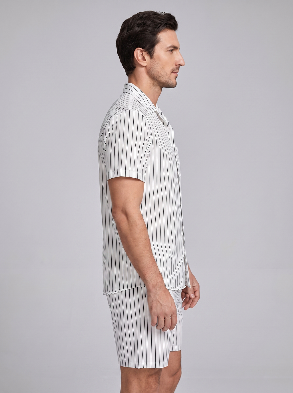 Men's Pinstripe Short Sleeve Button Front Shirt With Shorts Set
