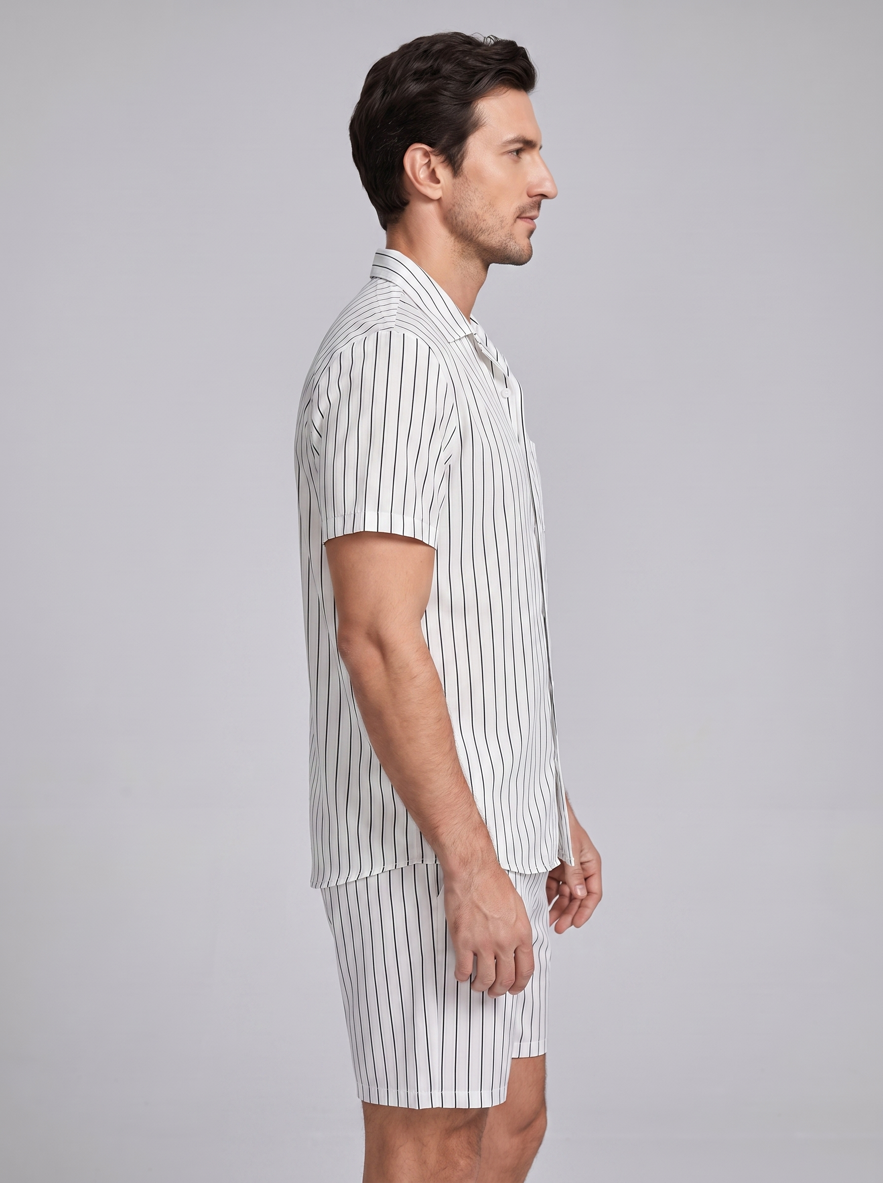Men's Pinstripe Short Sleeve Button Front Shirt With Shorts Set