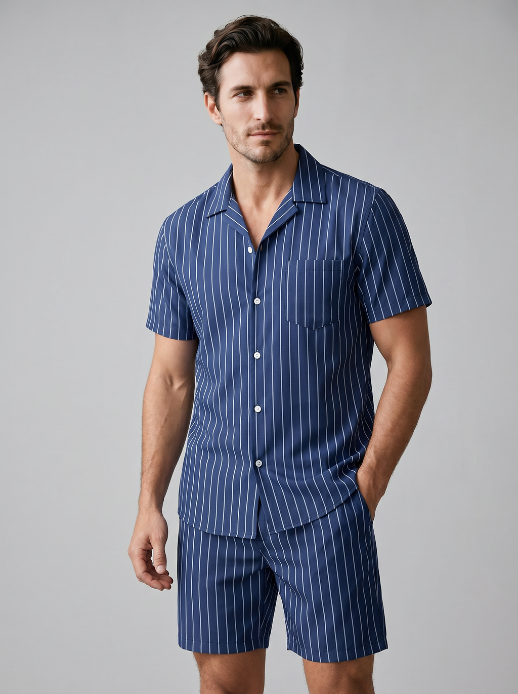Men's Pinstripe Short Sleeve Button Front Shirt With Shorts Set
