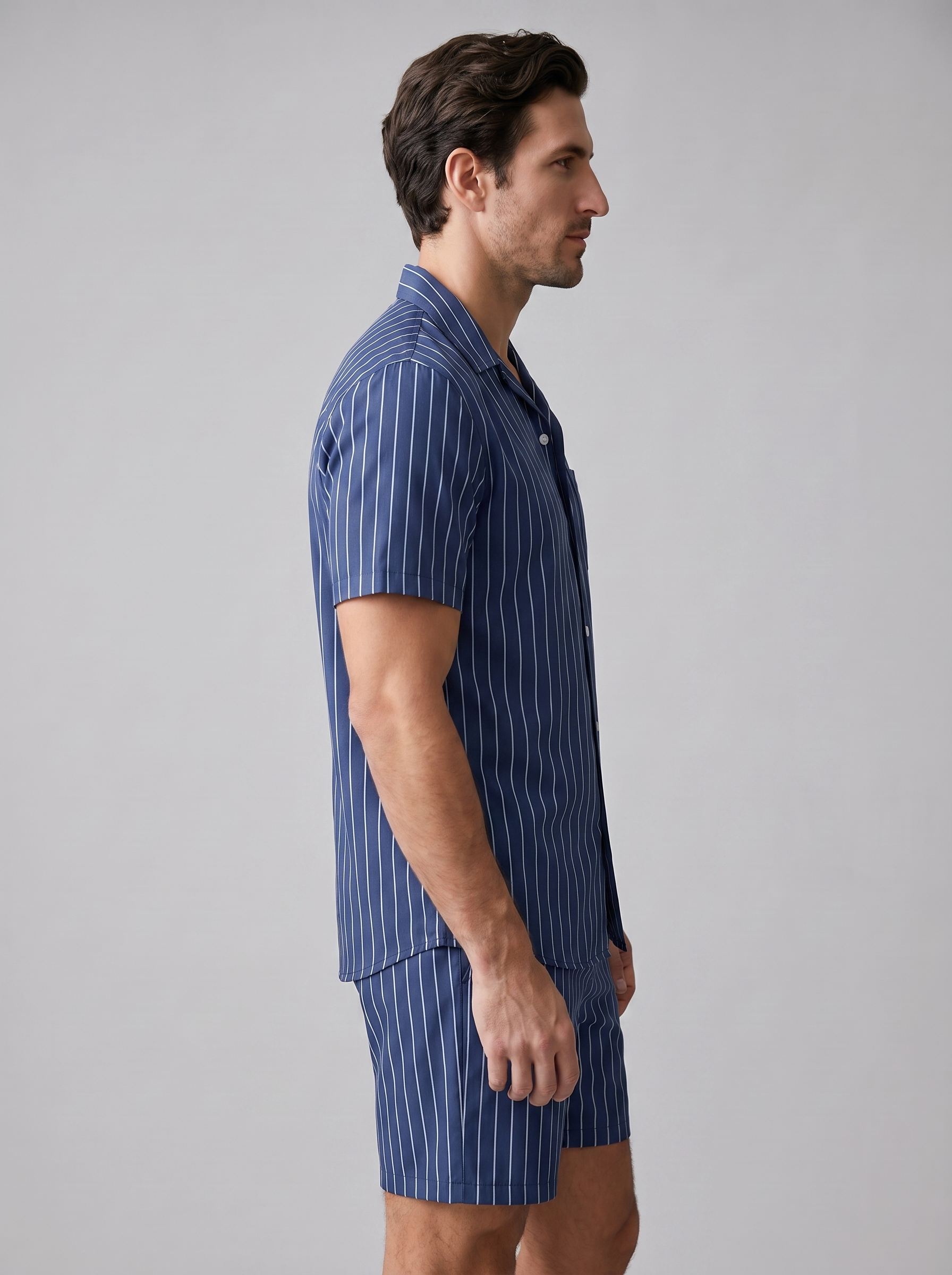 Men's Pinstripe Short Sleeve Button Front Shirt With Shorts Set