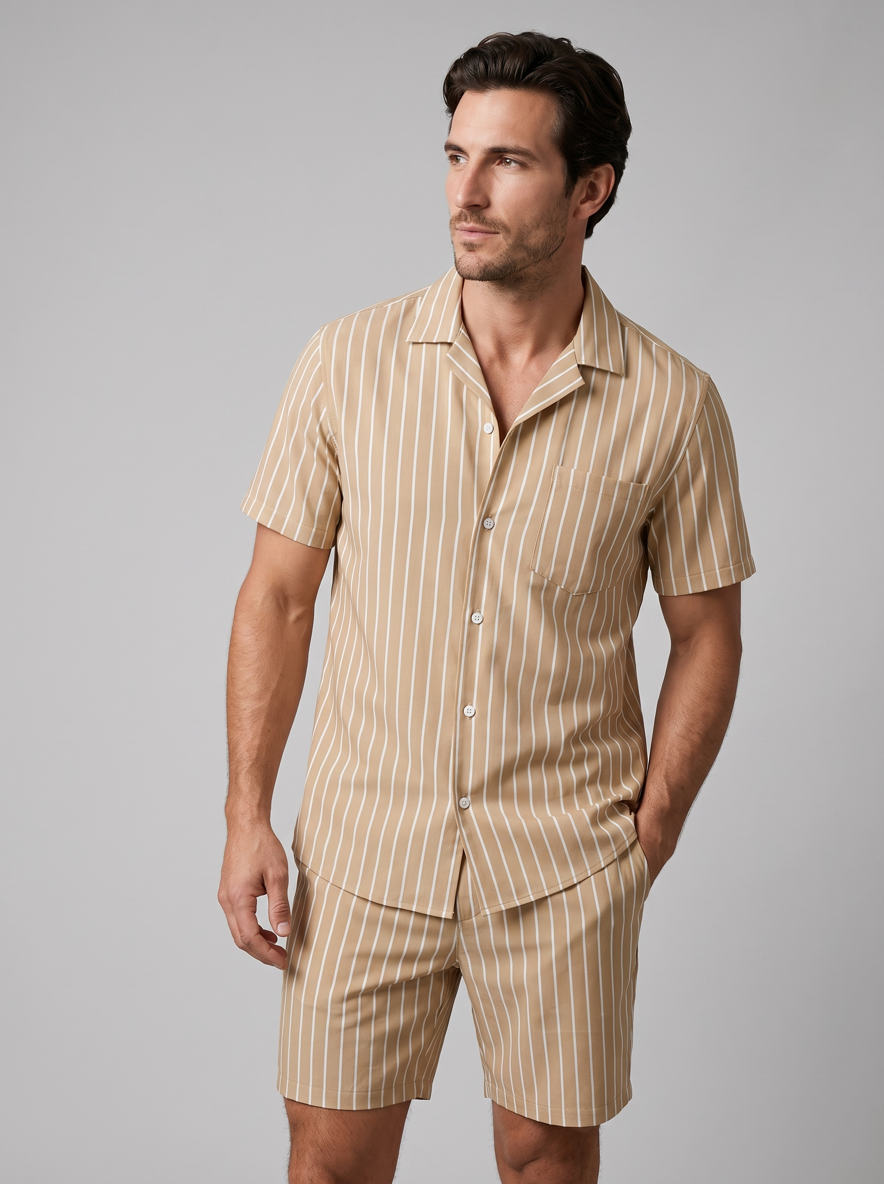 Men's Pinstripe Short Sleeve Button Front Shirt With Shorts Set