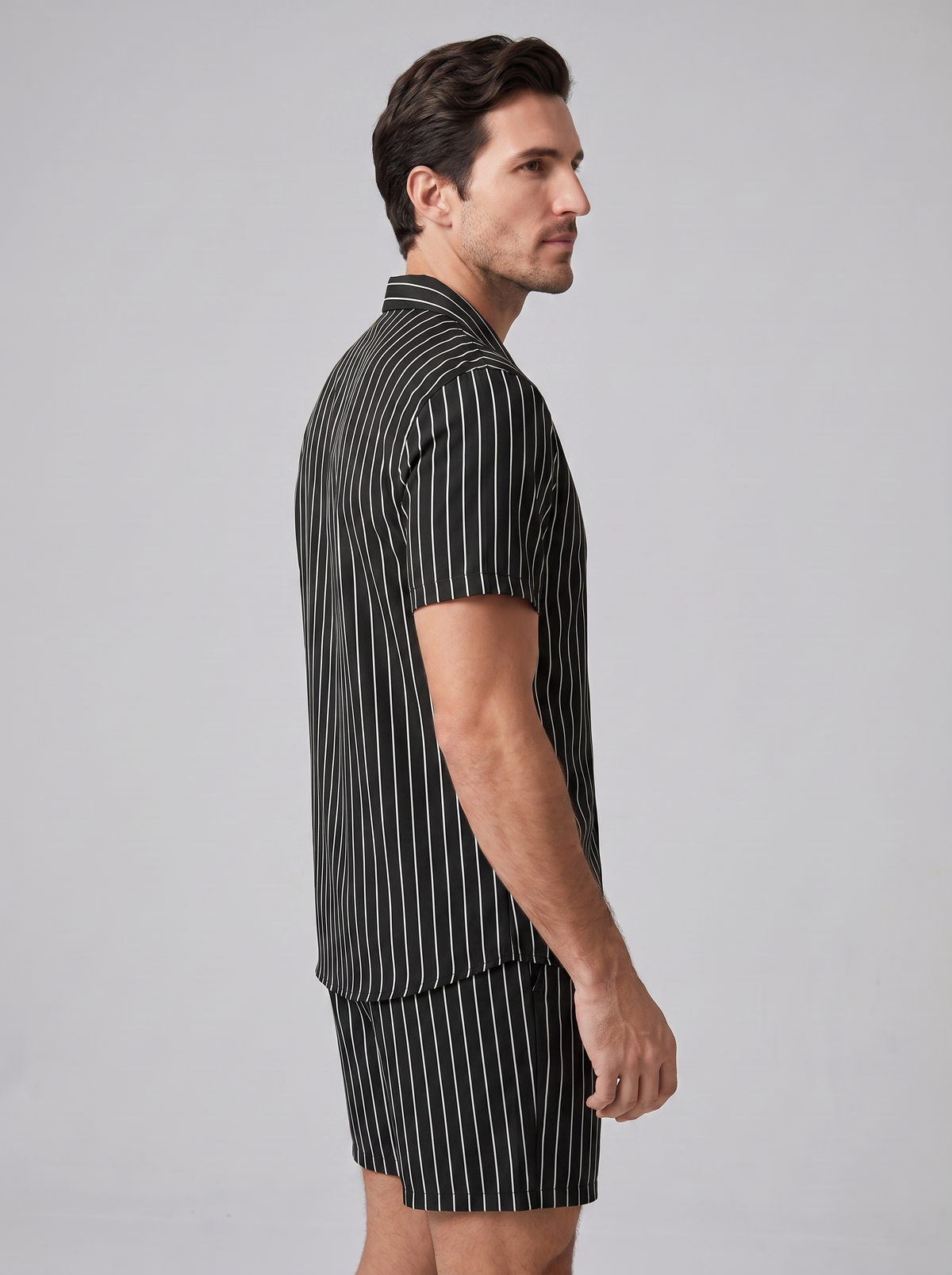 Men's Pinstripe Short Sleeve Button Front Shirt With Shorts Set
