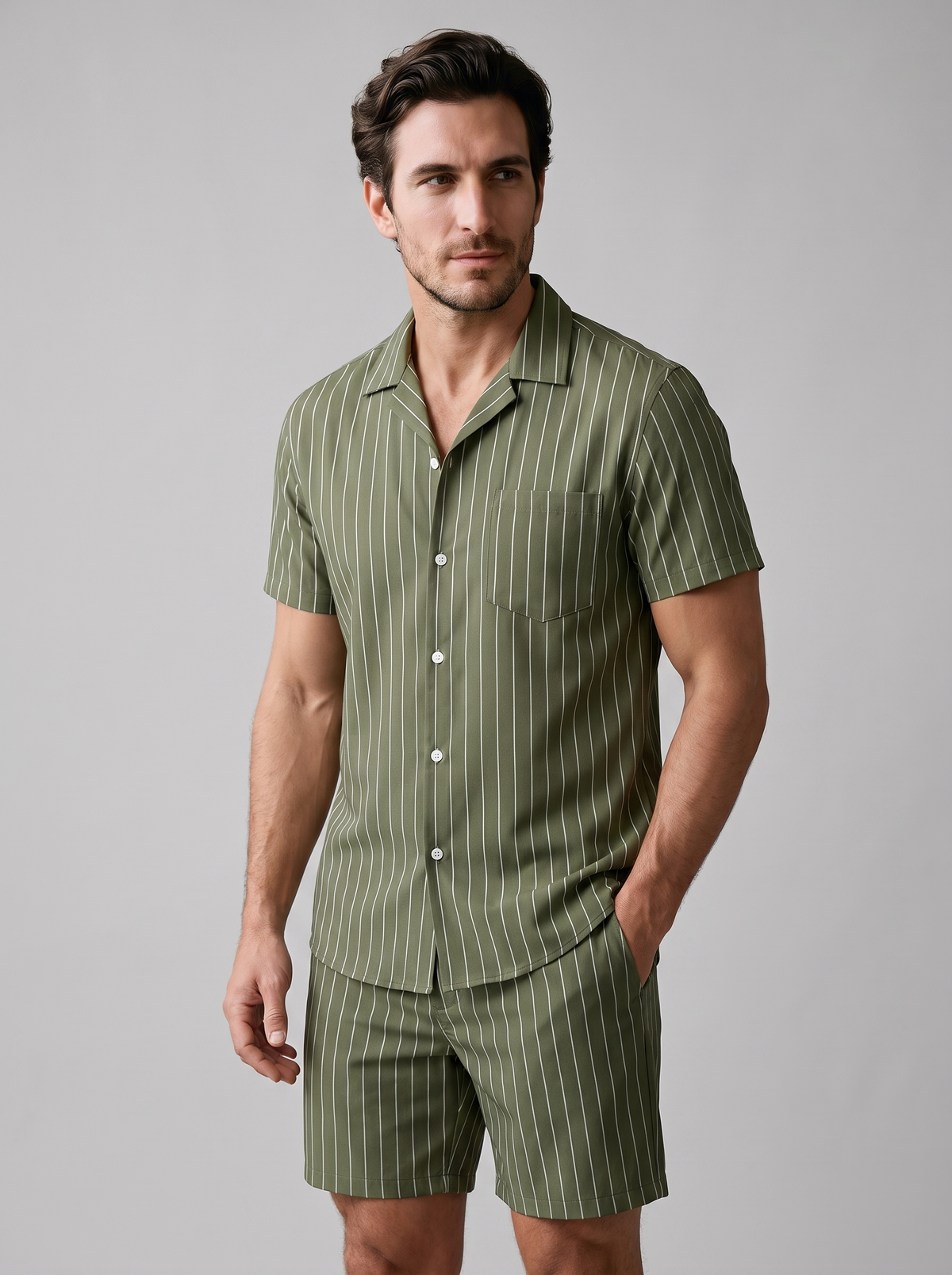 Men's Pinstripe Short Sleeve Button Front Shirt With Shorts Set