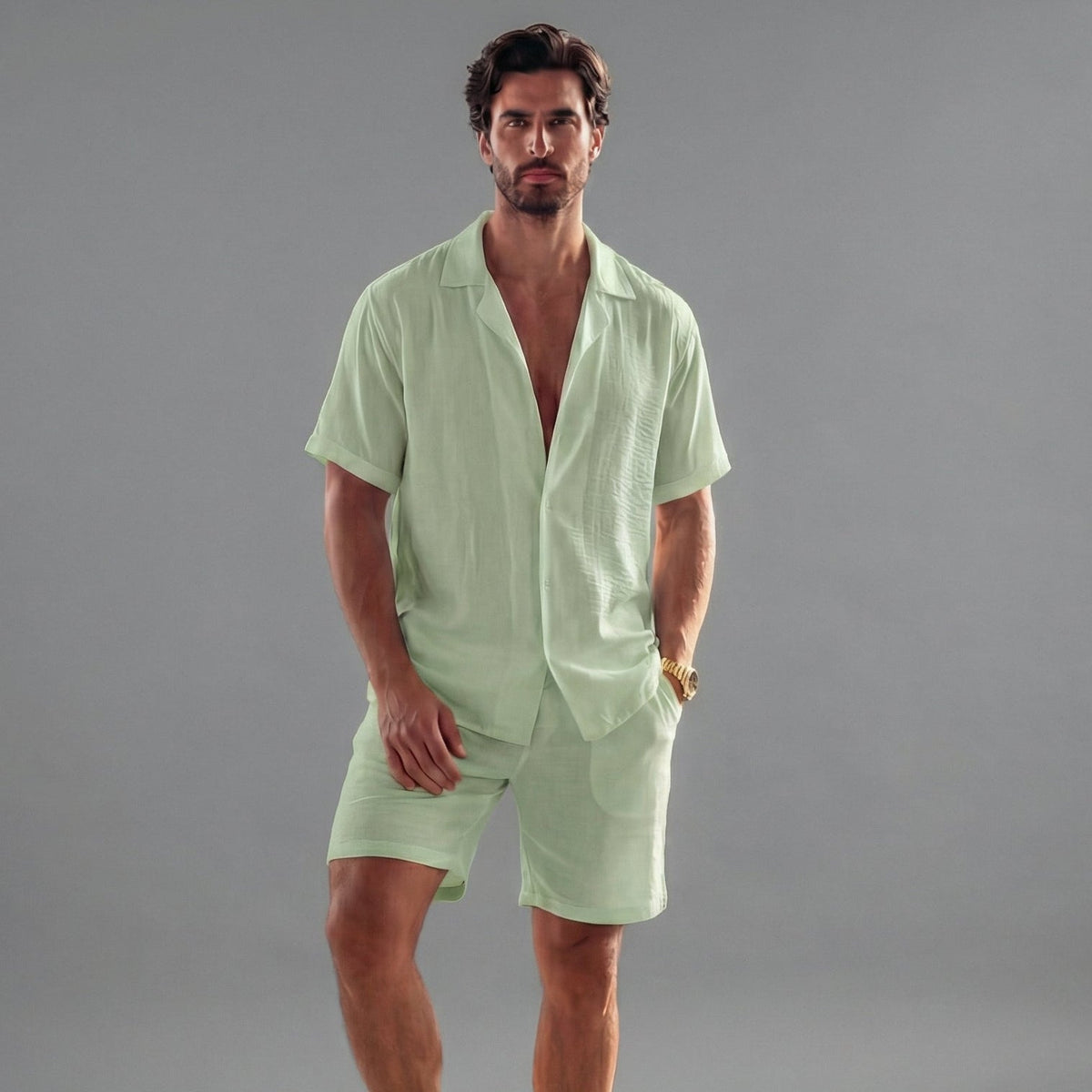 Mens Ribbed Short Sleeve Collar Shirt And Elastic Waist Two Piece Set
