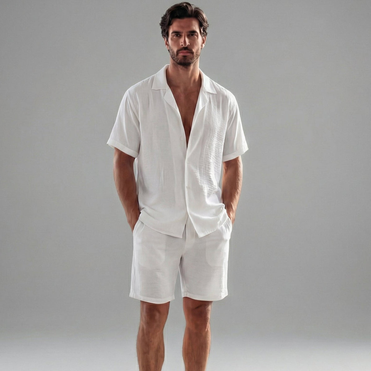 Mens Ribbed Short Sleeve Collar Shirt And Elastic Waist Two Piece Set