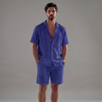 Mens Ribbed Short Sleeve Collar Shirt And Elastic Waist Two Piece Set