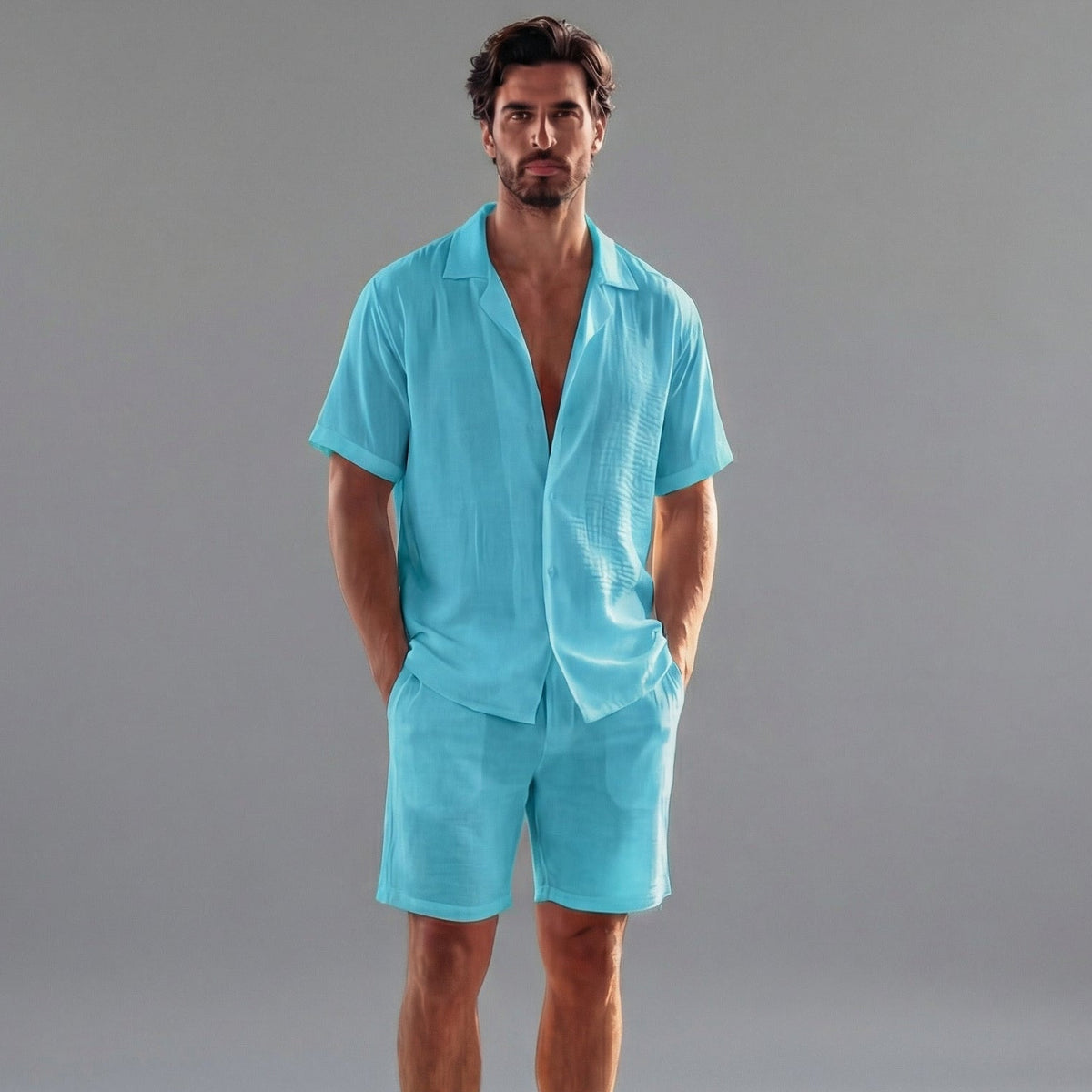 Mens Ribbed Short Sleeve Collar Shirt And Elastic Waist Two Piece Set