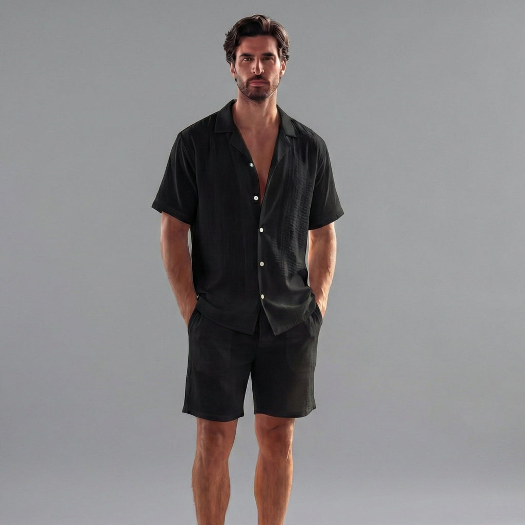 Mens Ribbed Short Sleeve Collar Shirt And Elastic Waist Two Piece Set