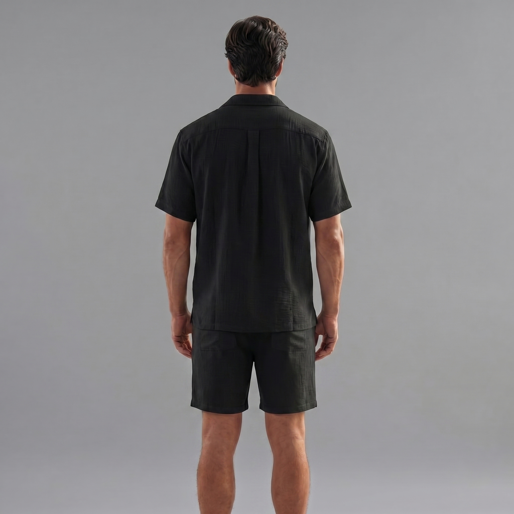 Mens Ribbed Short Sleeve Collar Shirt And Elastic Waist Two Piece Set